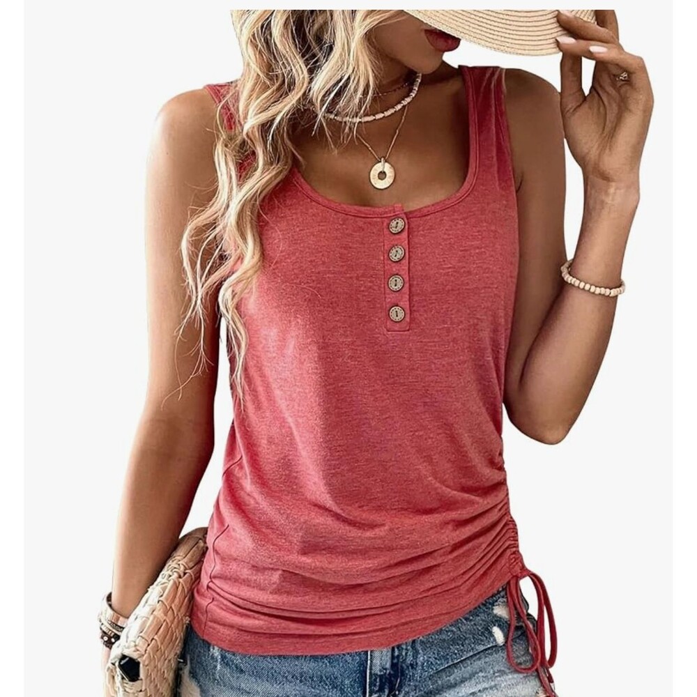 Aizhineng U-Neck Tank Top Sleeveless Rose Red Henley Shirt Women's Size Large